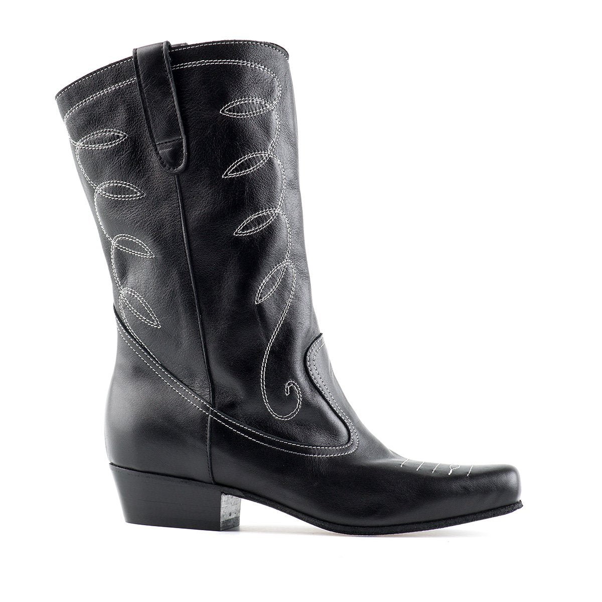 Paoul Grapevine Ladies Texan Style Black Leather Country Boot with Square Toe and Decorative Stitching