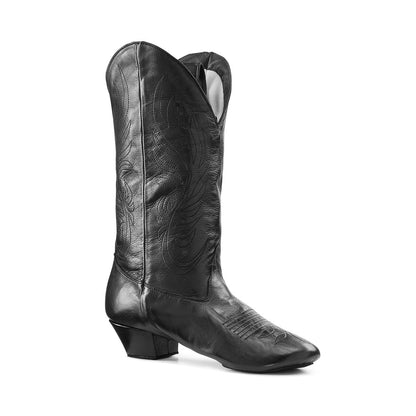 Side view of Paoul Monterey black nappa leather dance boot, featuring soft material and elegant embroidery for social dancing.