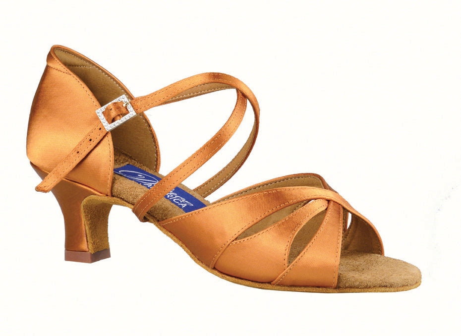 Dance America Phoenix_sale Ladies 3-Strap Sandal Latin Shoe in Dark Tan Satin