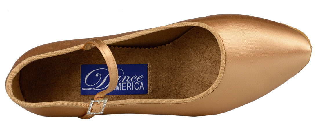 Dance America Brooklyn_sale Light Tan Satin Ladies Ballroom Dance Shoe with Single Strap