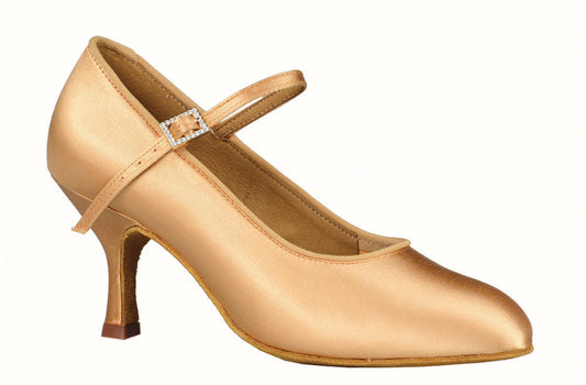 Dance America Brooklyn_sale Light Tan Satin Ladies Ballroom Dance Shoe with Single Strap