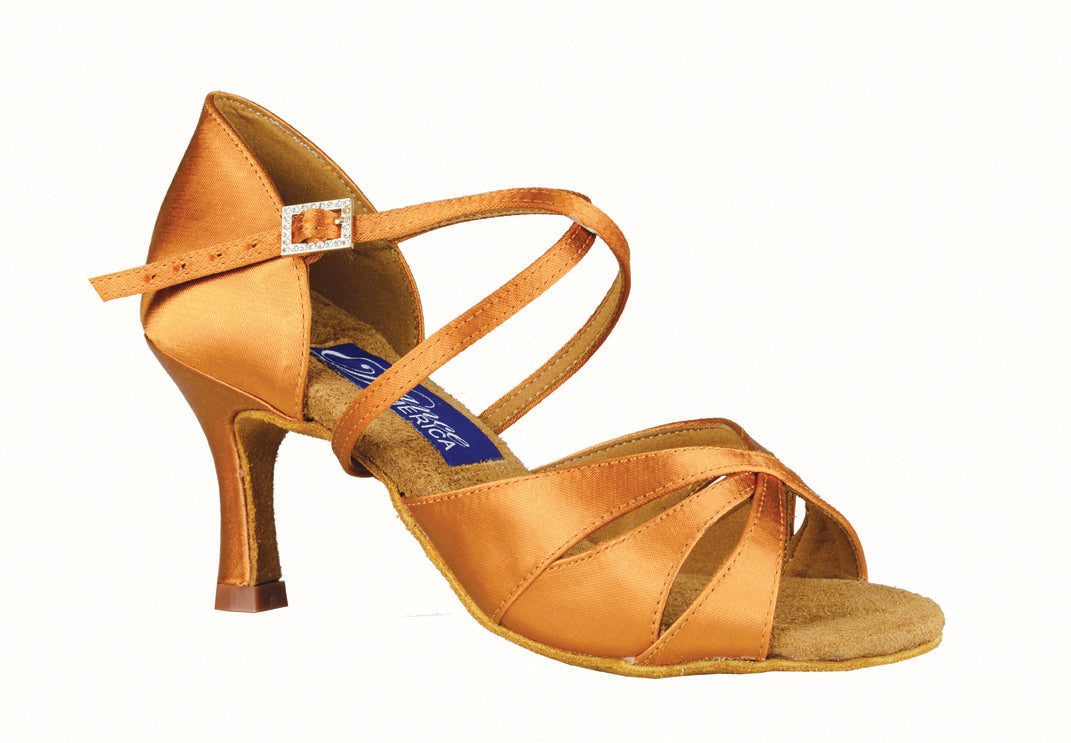 Dance America Phoenix_sale Ladies 3-Strap Sandal Latin Shoe in Dark Tan Satin