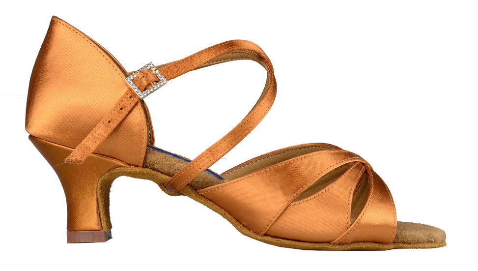 Dance America Phoenix_sale Ladies 3-Strap Sandal Latin Shoe in Dark Tan Satin