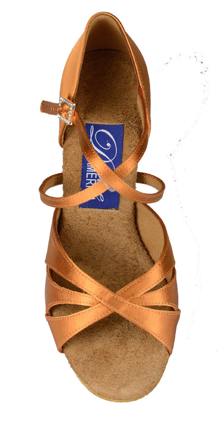 Dance America Phoenix_sale Ladies 3-Strap Sandal Latin Shoe in Dark Tan Satin