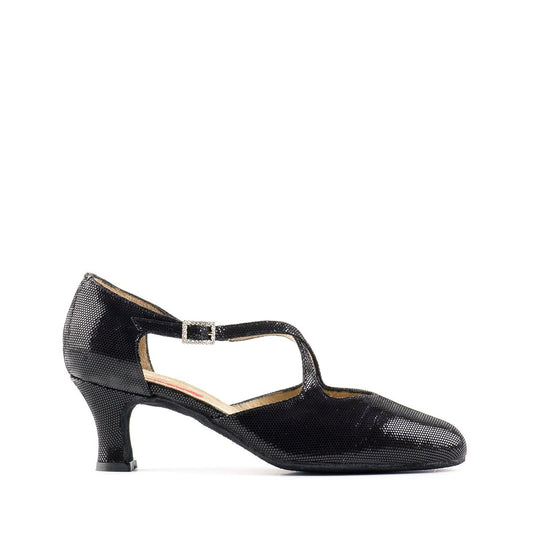 Black Lamé Practice Dance Shoe with Crossed Straps and Low Heel
