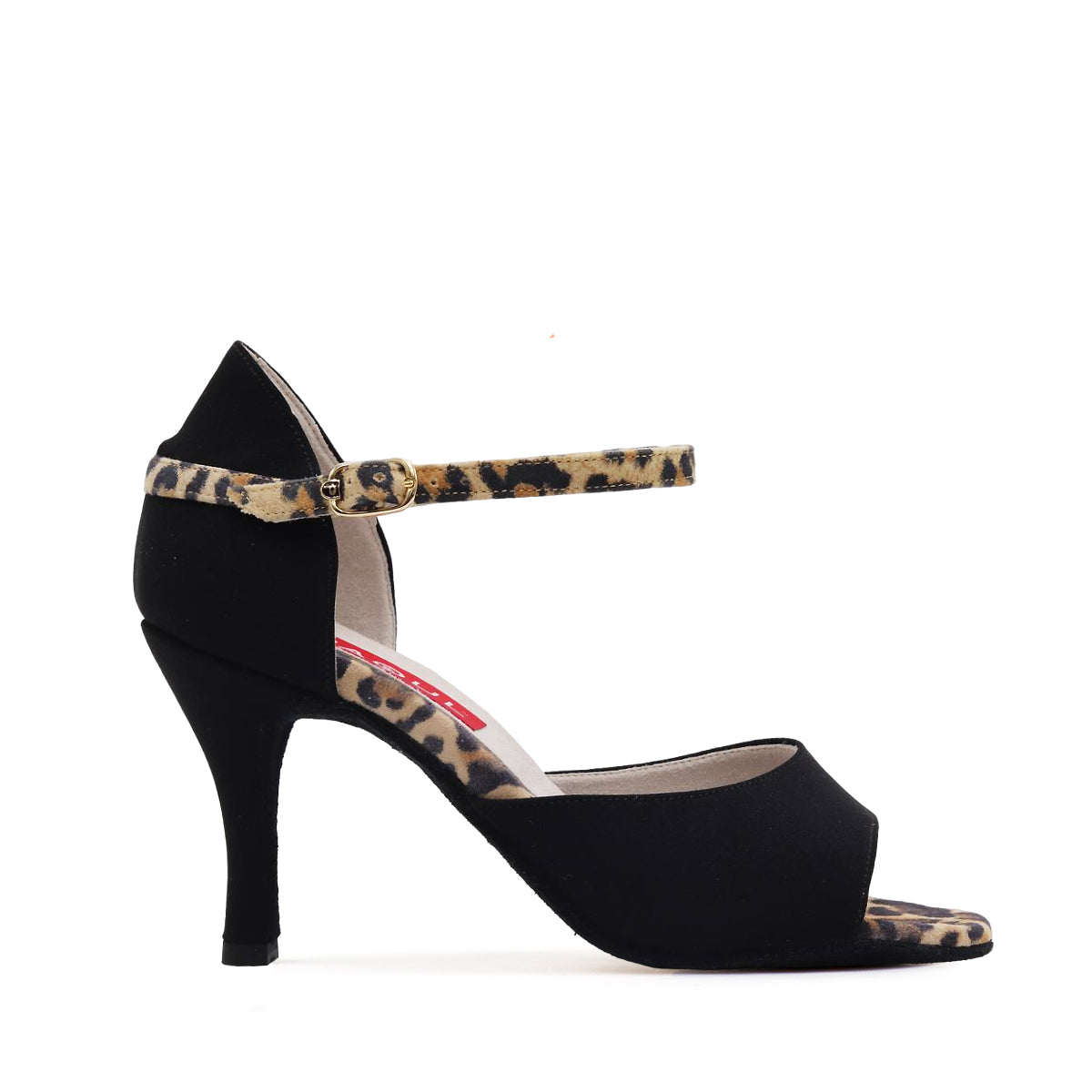 Ladies Black Cloth Argentine Tango Dance Shoe with Leopard Print Details