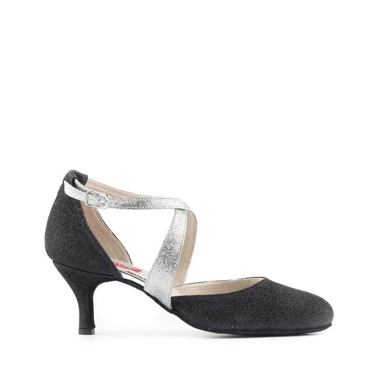 Ladies Black Glitter Argentine Tango Dance Shoe with Silver Glitter Straps and Rounded Toe