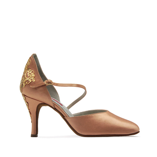 Medium Tan Satin Smooth Ballroom Dance Shoe with Diagonal Strap and Gold Detailing on Heel