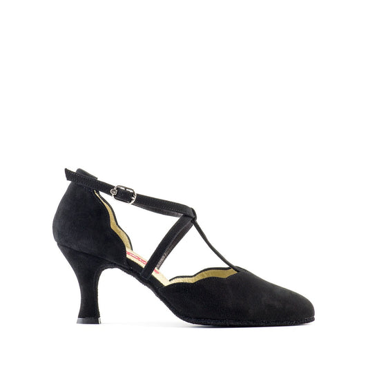 Ladies Black Suede Argentine Tango Dance Shoe with T-Bar and Scalloped Edges