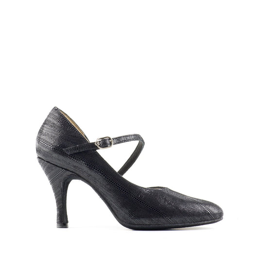 Ladies Black Anguilla Printed Suede Social Dance Shoe with Diagonal Strap