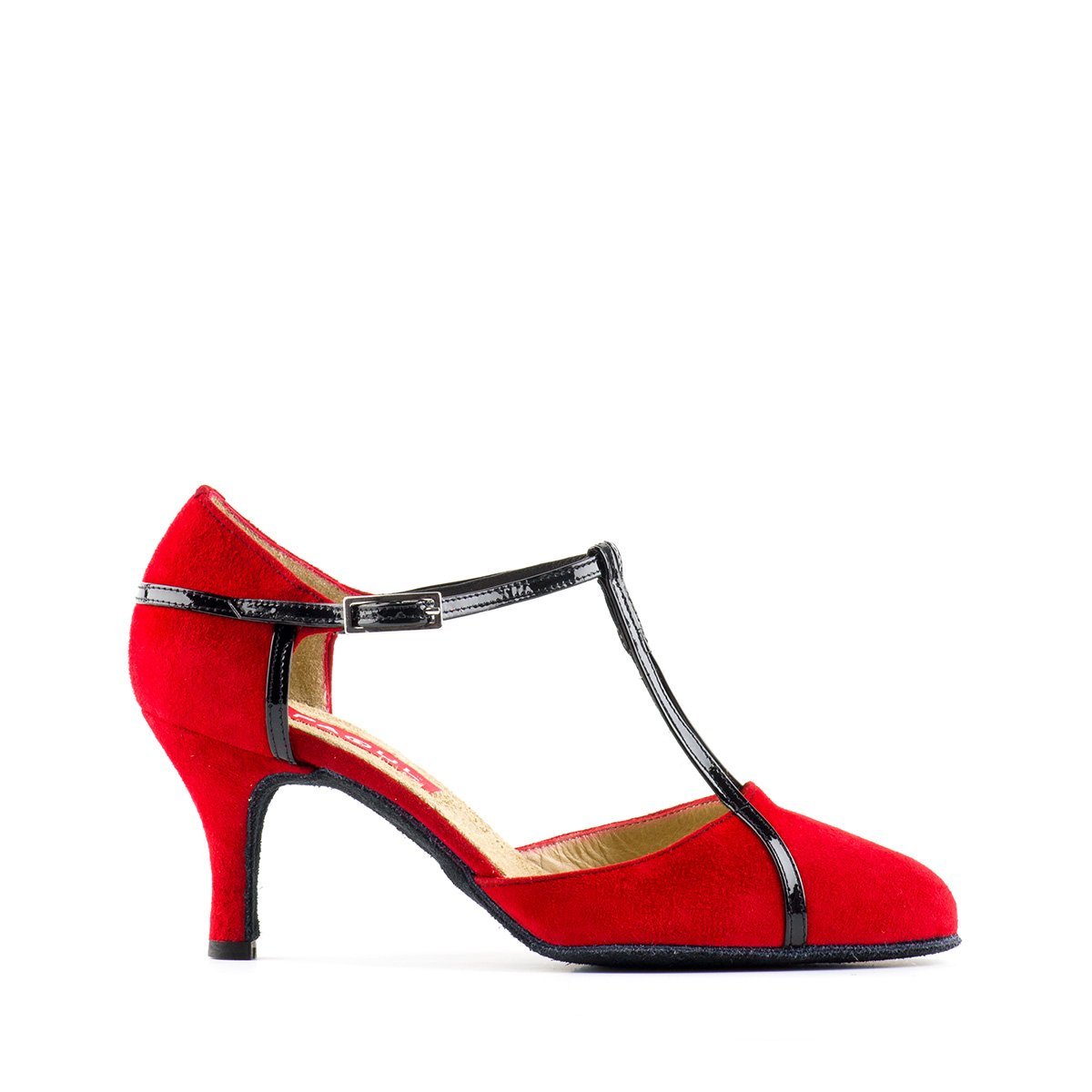 Ladies Red Suede Argentine Tango Dance Shoe with Black Patent Straps