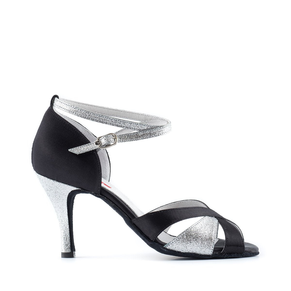 Ladies Black Satin Argentine Tango Dance Shoe with Silver Glitter