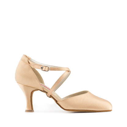 Flesh Satin Smooth Ballroom Dance Shoe with Flare Heel and Cross Strap