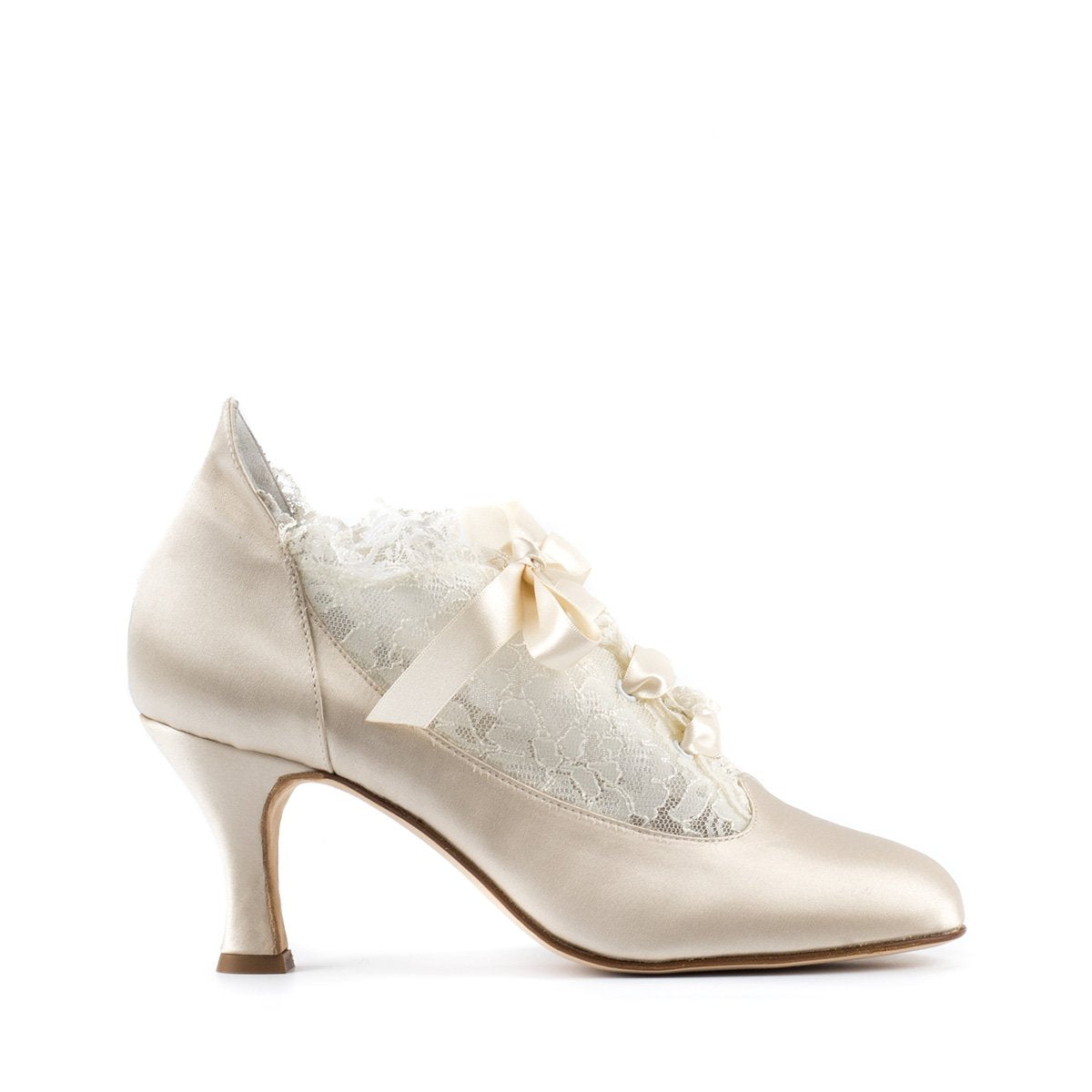 Paoul Milady Ladies Cream Satin Retro Ankle Bridal Boot with Lace Doubled Net, Rouches, and Ivory Satin Laces