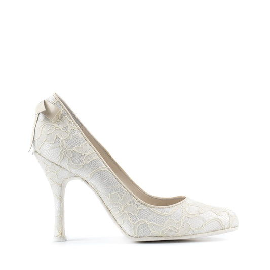 Paoul Corinna Ladies Lace Covered Satin Bridal and Social Dance Shoe with Ivory Leather Bown on Back and Stiletto Heel