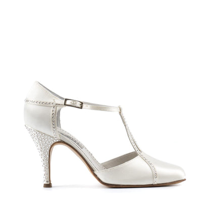 Paoul Arianna ladies closed-toe champagne satin bridal and social dance shoe with crystal rhinestones, featuring a T-strap and elegant heel.