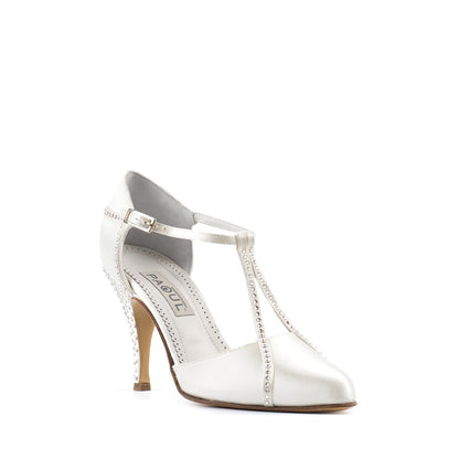 Paoul Arianna champagne satin bridal and social dance shoe with closed toe, T-strap, and crystal rhinestone embellishments for a sophisticated finish.