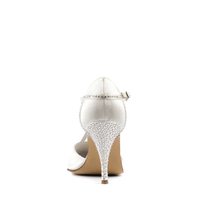 Rear view of Paoul Arianna champagne satin bridal and social dance shoe, showcasing rhinestone-adorned heel and ankle strap for a refined look.