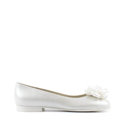 Paoul Erminia ladies' pearled ivory leather ballet flat bridal shoe with a rounded toe, low heel, and ivory satin bow detail.