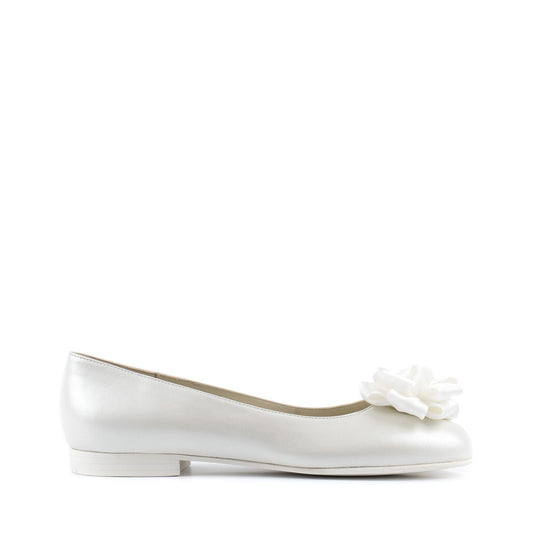 Paoul Erminia Ladies Pearled Ivory Leather Rounded Toe Ballet Flat Bridal Shoe with Ivory Satin Bow and Low Heel