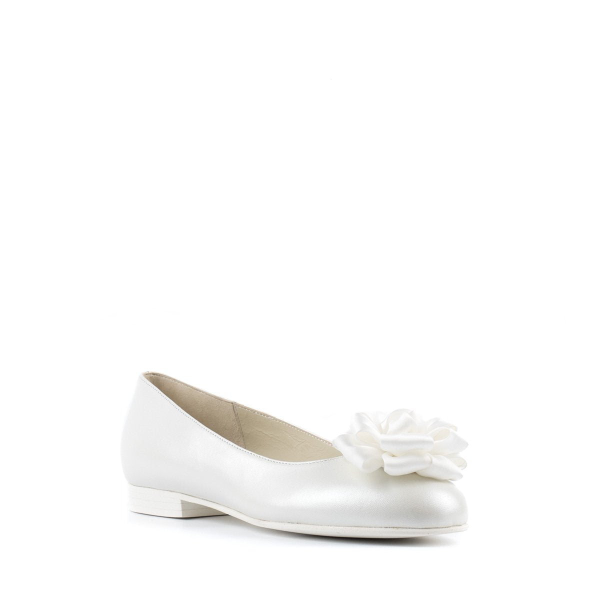 Paoul Erminia Ladies Pearled Ivory Leather Rounded Toe Ballet Flat Bridal Shoe with Ivory Satin Bow and Low Heel