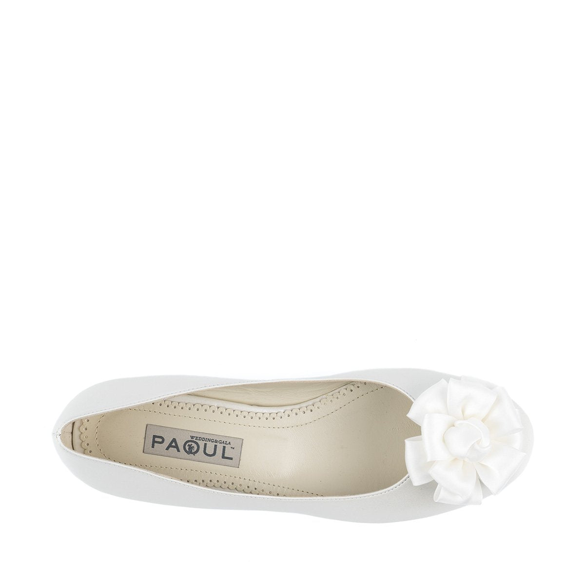 Paoul Erminia Ladies Pearled Ivory Leather Rounded Toe Ballet Flat Bridal Shoe with Ivory Satin Bow and Low Heel