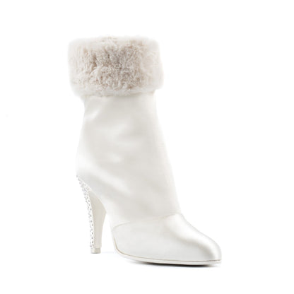Paoul Anastasia ivory satin ankle bridal boot with fur trim and crystal-embellished heel, perfect for weddings and social dance occasions.