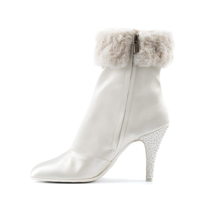 Elegant Paoul Anastasia ivory satin bridal boot featuring a fur cuff, stoned heel, and side zipper for a stylish and comfortable fit.