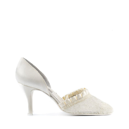 Paoul Mimi closed-toe bridal or social dance shoe in champagne satin with lace overlay and stiletto heel, side view.