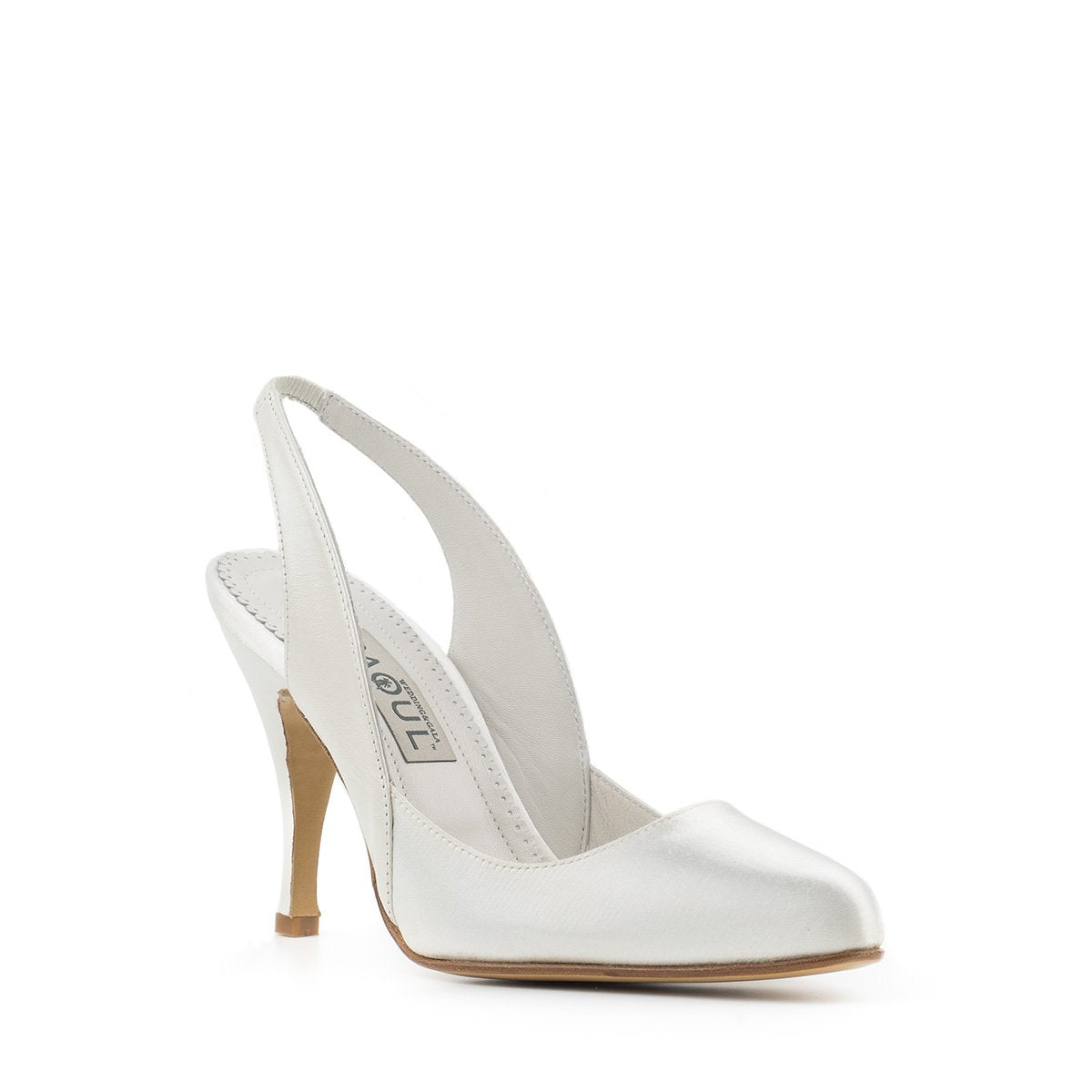 Paoul Lucrezia Ladies Ivory Satin Closed Toe Bridal and Social Dance Shoe with Stiletto Heel and Hard Leather Sole