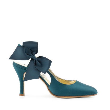 Paoul Hillary ladies' closed-toe teal satin bridal and social dance shoe with a large decorative bow and stiletto heel, perfect for elegant occasions.