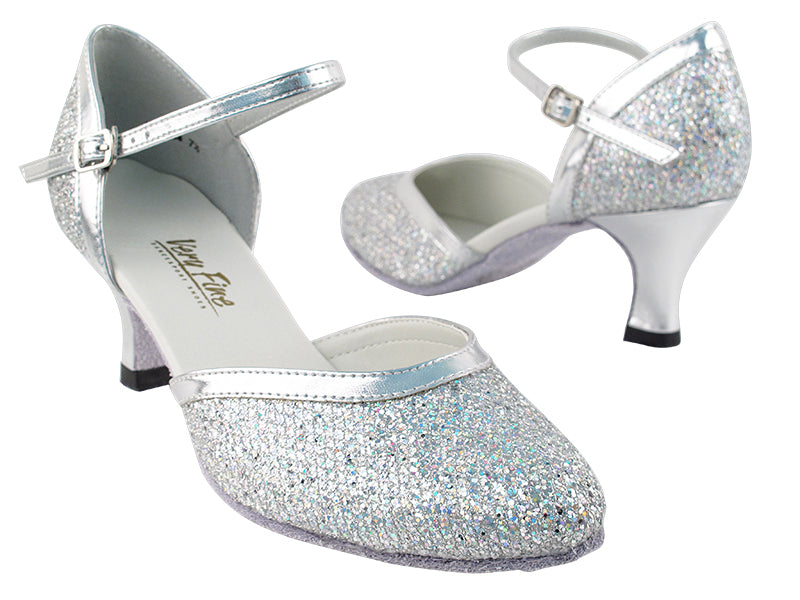 Very Fine 9621X Silver Sparklenet and Silver Trim Ladies Ballroom Dance Shoe with 2.5" Heel