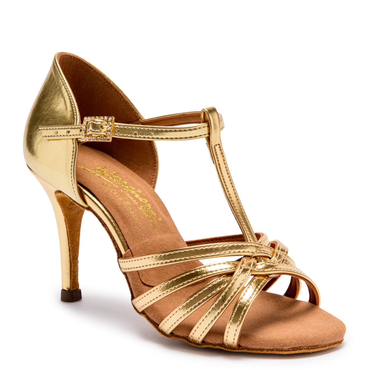 International Dance Shoes IDS Bela Ladies Gold or Silver Latin Shoe with T-Bar and Five-Strap Vamp