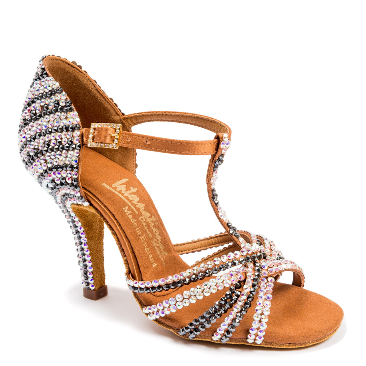 International Dance Shoes IDS Tan Satin Bela by Lauren Latin Dance Shoe Covered in Preciosa Crystals