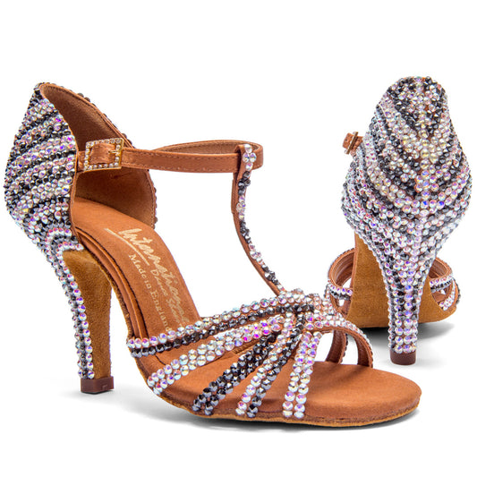 International Dance Shoes IDS Tan Satin Bela by Lauren Latin Dance Shoe Covered in Preciosa Crystals