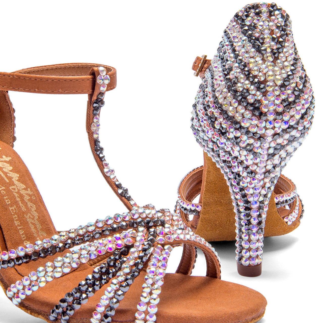International Dance Shoes IDS Tan Satin Bela by Lauren Latin Dance Shoe Covered in Preciosa Crystals
