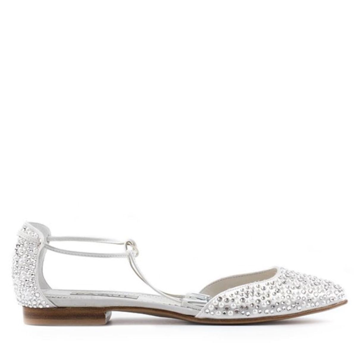 Paoul Elettra Ladies White Satin and White Leather Bridal Ballet Flat with Crystal Rhinestones and White Pearls