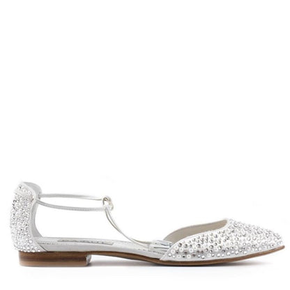 Paoul Elettra ladies' white satin and leather bridal ballet flat with crystal rhinestones and white pearls, featuring an ankle strap and low heel.