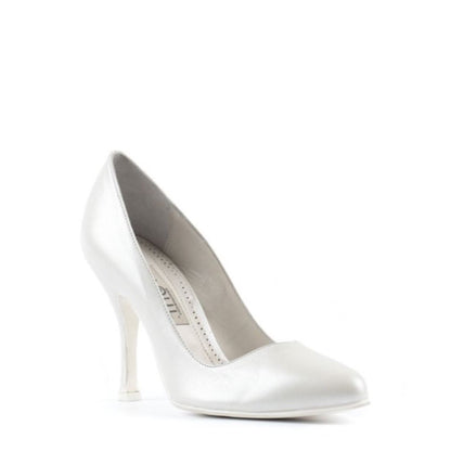 Elegant Paoul Diana bridal and social dance shoe in pearled ivory leather, featuring a heart-shaped neckline and stiletto heel, angled view.