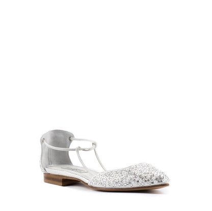 Elegant Paoul Elettra bridal ballet flat in white satin and leather, adorned with crystal rhinestones and white pearls, designed for weddings and special occasions.