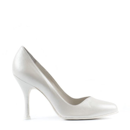 Paoul Diana ladies pearled ivory leather bridal and social dance shoe with heart-shaped neckline and stiletto heel, side view.
