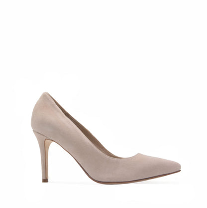 Paoul Camilla ladies powder suede bridal and ballroom dance shoe with stiletto heel, featuring a sleek pointed toe and elegant silhouette.