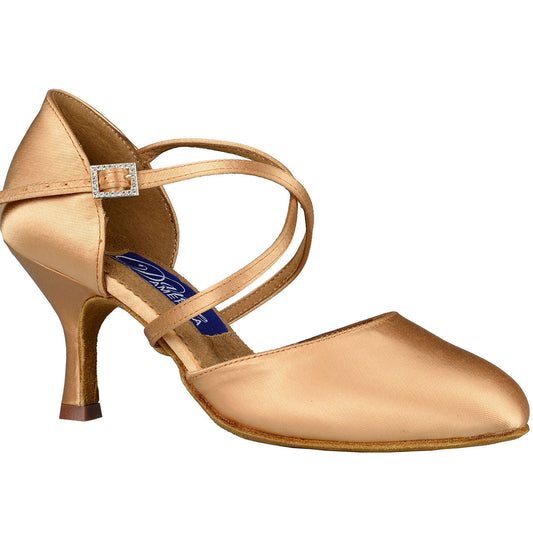 Dance America Charlotte Ladies Light Tan Satin Smooth Ballroom Dance Shoe with Flare Heel