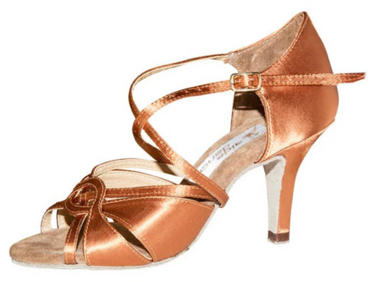 Aida Dance Cindy_SALE 073D Dark Tan Satin Ladies Latin Shoe with Wrap-Around Strap Design in Stock