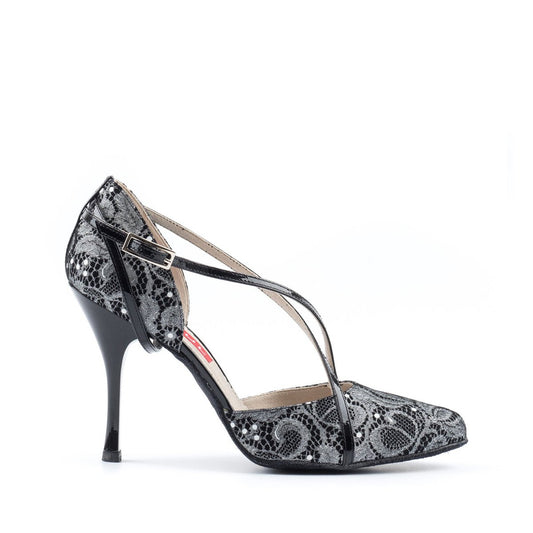 Ladies Black Lace Printed Suede Argentine Tango Dance Shoe with Lacquered Heel