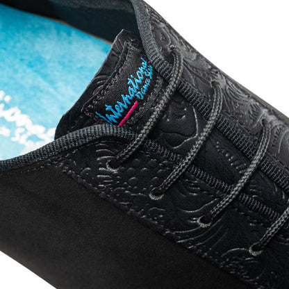 Close-up of IDS Latin Black Men's Dance Shoe lace-up design with intricate embossed detailing for a sophisticated dancewear look.