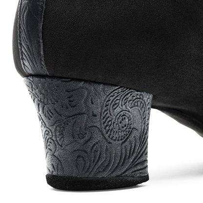 Detailed view of the embossed heel on the IDS Latin Black Men's Dance Shoe, offering style and stability for Latin dance movements.