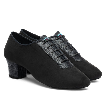 International Dance Shoes IDS Latin Black Men's Dance Shoe in Nubuck/Fiori with intricate lace-up design and embossed heel detailing.