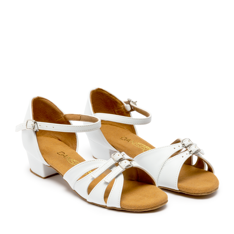 International Dance Shoes IDS Dansport G1014 Girls White Latin Shoe with Adjustable Front Buckles