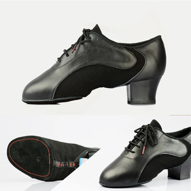 Men's Leather and Elasticized Lycra Latin or Rhythm Shoes with Split Sole and 1.5 inch Block Heel BD 454